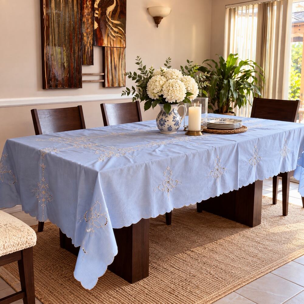 Blue Embroidered Cutwork Tablecloth 60x116 Floral Scalloped Large